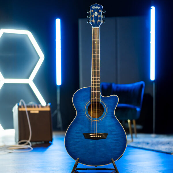 Washburn EA15 Festival Series Mini Jumbo Cutaway Acoustic Electric Guitar, Flame Transparent Blue