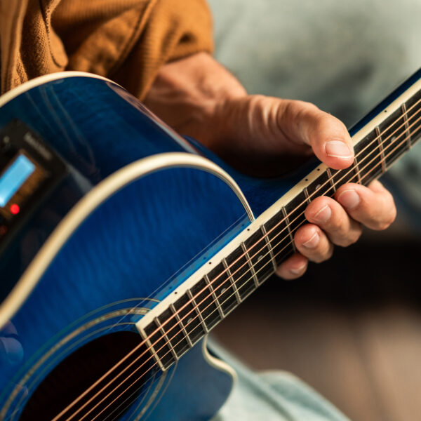 Washburn EA15 Festival Series Mini Jumbo Cutaway Acoustic Electric Guitar, Flame Transparent Blue