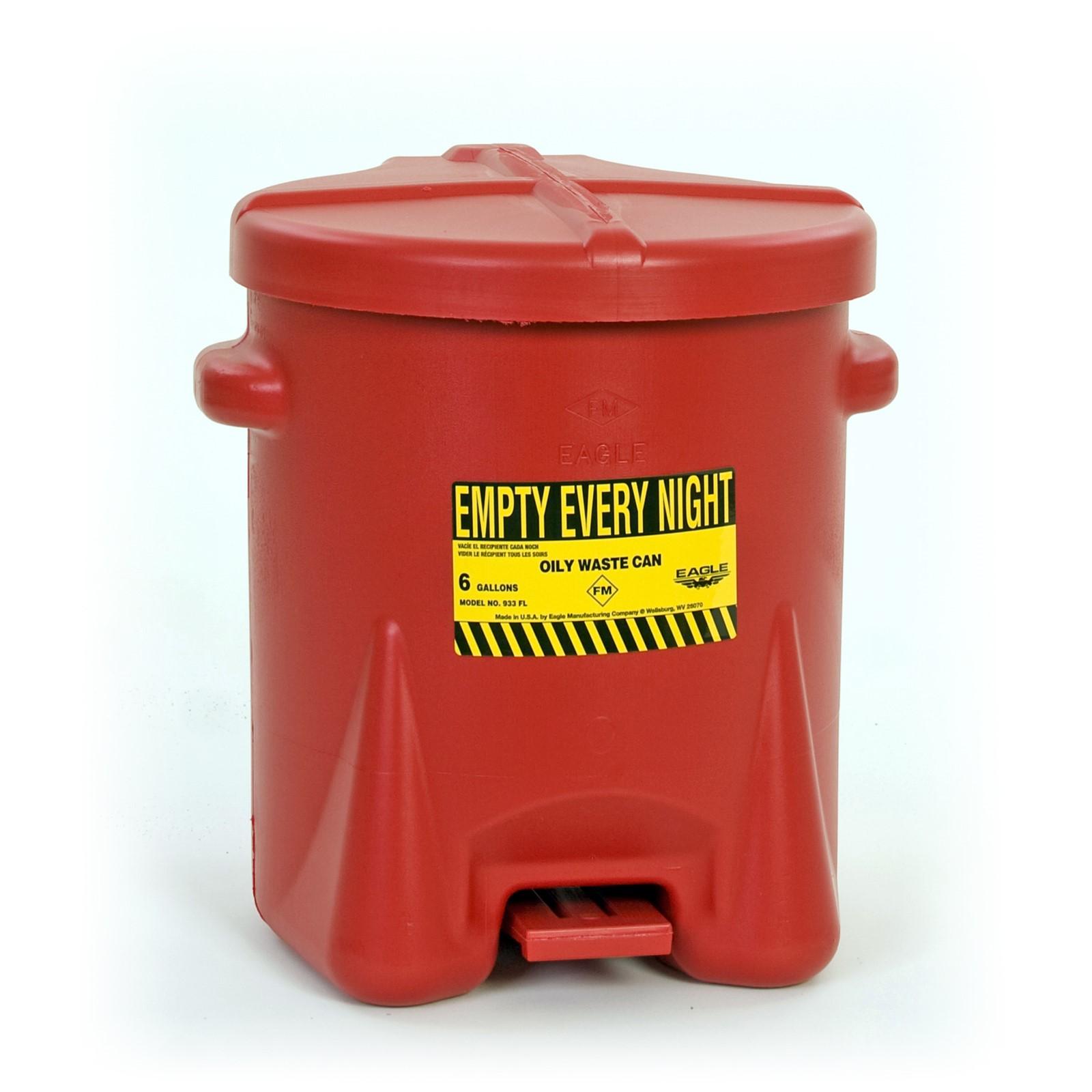 SAFETY OILY WASTE CANS, Polyethylene - Red w/Foot Lever, CAPACITY: 6 Gal.