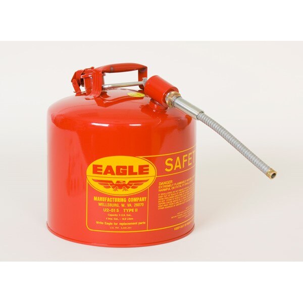 TYPE II SAFETY CANS-GAVANIZED STEEL, Red - w/7/8" O.D. Flex Spout, CAPACITY: 5 Gal, NOTE: TYPE II SAFETY CANS ARE ALSO AVAILABLE IN BLUE & YELLOW