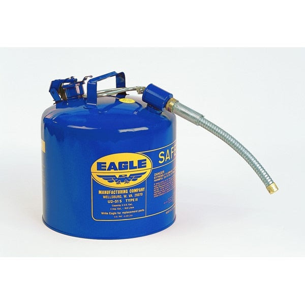 Eagle Manufacturing TYPE II SAFETY CANS-GAVANIZED STEEL, Blue - w/5/8" O.D. Flex Spout, CAPACITY: 5 Gal, NOTE: TYPE II SAFETY CANS ARE ALSO AVAILABLE IN BLUE & YELLOW AT SAME PRICE AS RED CANS