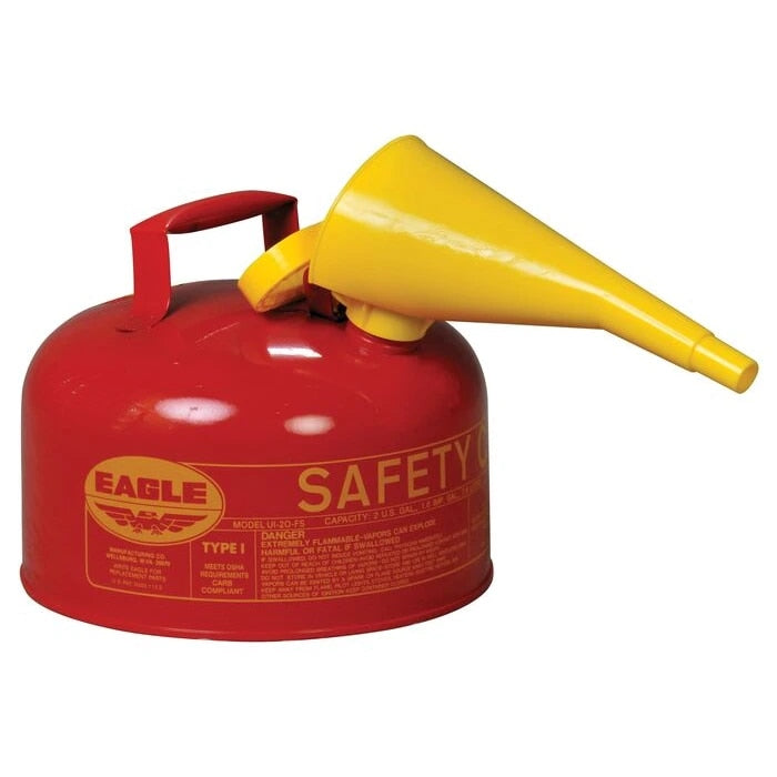SAFETY CANS, Metal - Red w/F-15 Funnel, CAPACITY: 2 Gal.