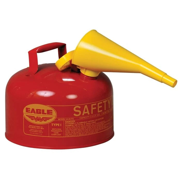 Eagle Manufacturing Type 1 Gasoline Safety Can, Capacity: 2.5 Gal, Color: Red, Includes: Funnel