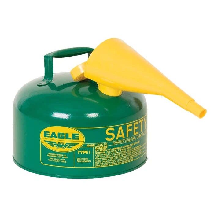 Eagle Manufacturing Type 1 Gasoline Safety Can, Capacity: 2.5 Gal, Color: Green, Includes: Funnel