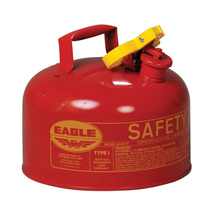Eagle Manufacturing Type 1 Gasoline Safety Can, Capacity: 2.5 Gal, Color: Red, Includes: Brass pour spout
