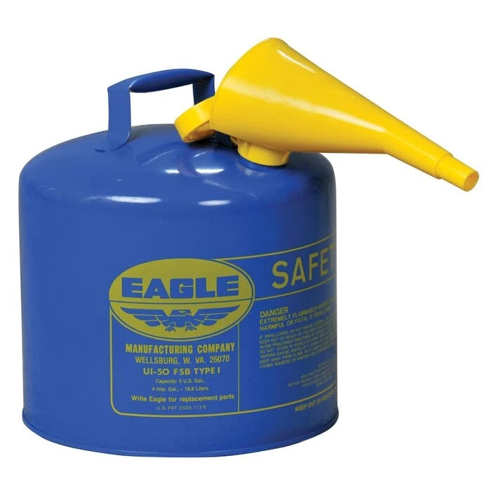 SAFETY CANS, Metal - Blue w/F-15 Funnel, CAPACITY: 5 Gal.