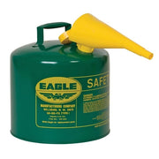 Eagle UI-50-FSG Type I Metal Safety Can with F-15 Funnel, Combustibles, 12-1/2" Width X 13-1/2" Depth, 5 Gallon Capacity, Green. Priced and sold per each.