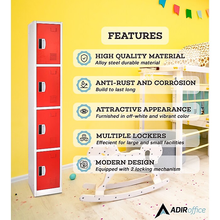 72" H x 12" W  4-Tier Steel Storage Locker with Digital Lock, Red