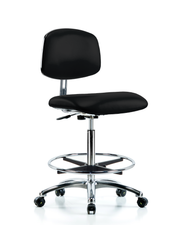 Class 10 Clean Room/ESD Vinyl Chair - High Bench Height with Chrome Foot Ring & ESD Casters in ESD Black Vinyl