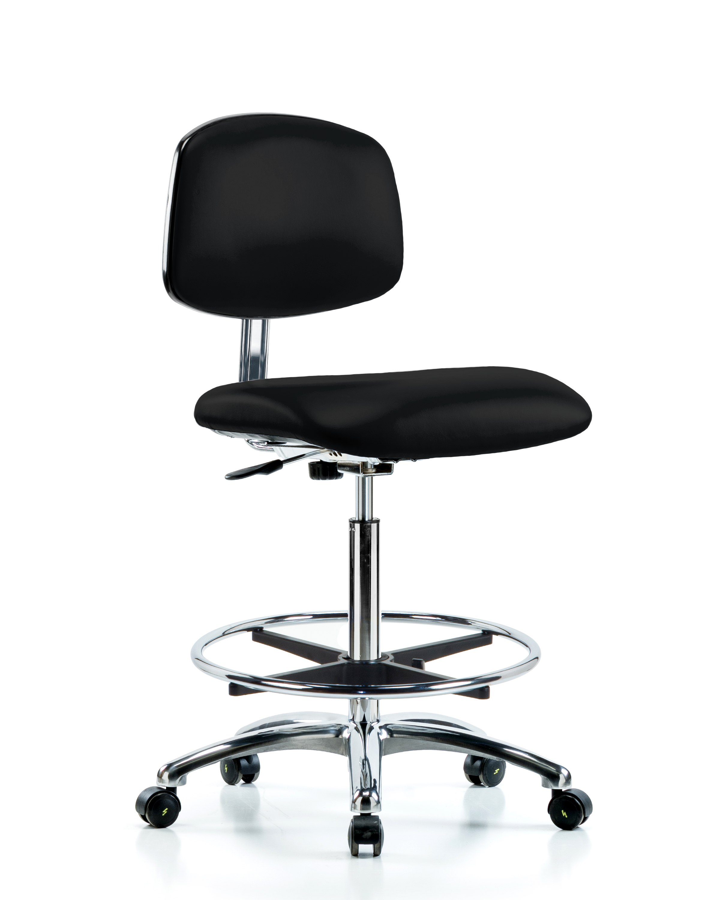 Class 10 Clean Room/ESD Vinyl Chair - High Bench Height with Chrome Foot Ring & ESD Casters in ESD Black Vinyl