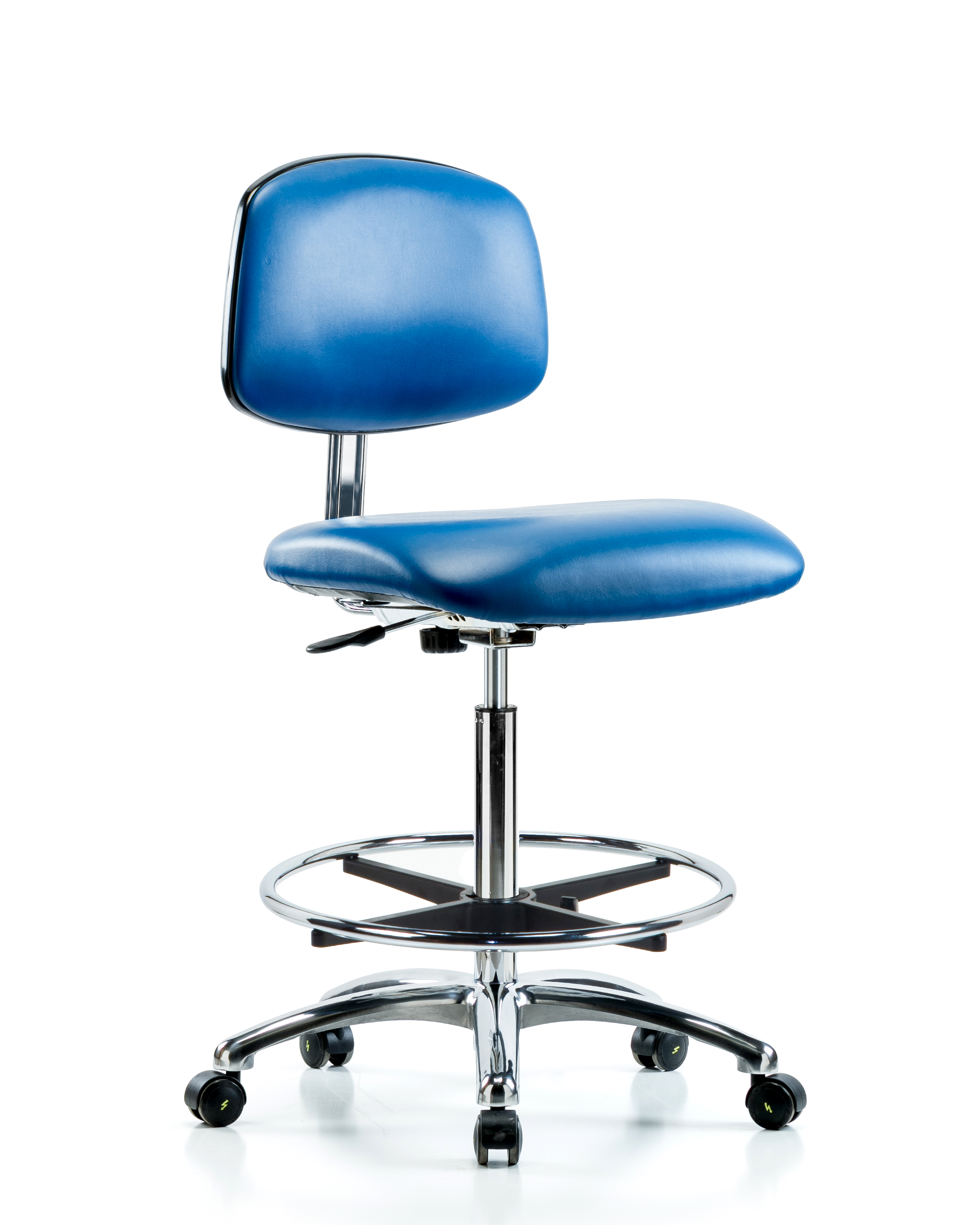 Class 10 Clean Room/ESD Vinyl Chair - High Bench Height with Chrome Foot Ring & ESD Casters in ESD Blue Vinyl
