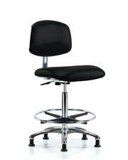 Class 10 Clean Room/ESD Vinyl Chair - High Bench Height with Chrome Foot Ring & ESD Stationary Glides in ESD Black Vinyl