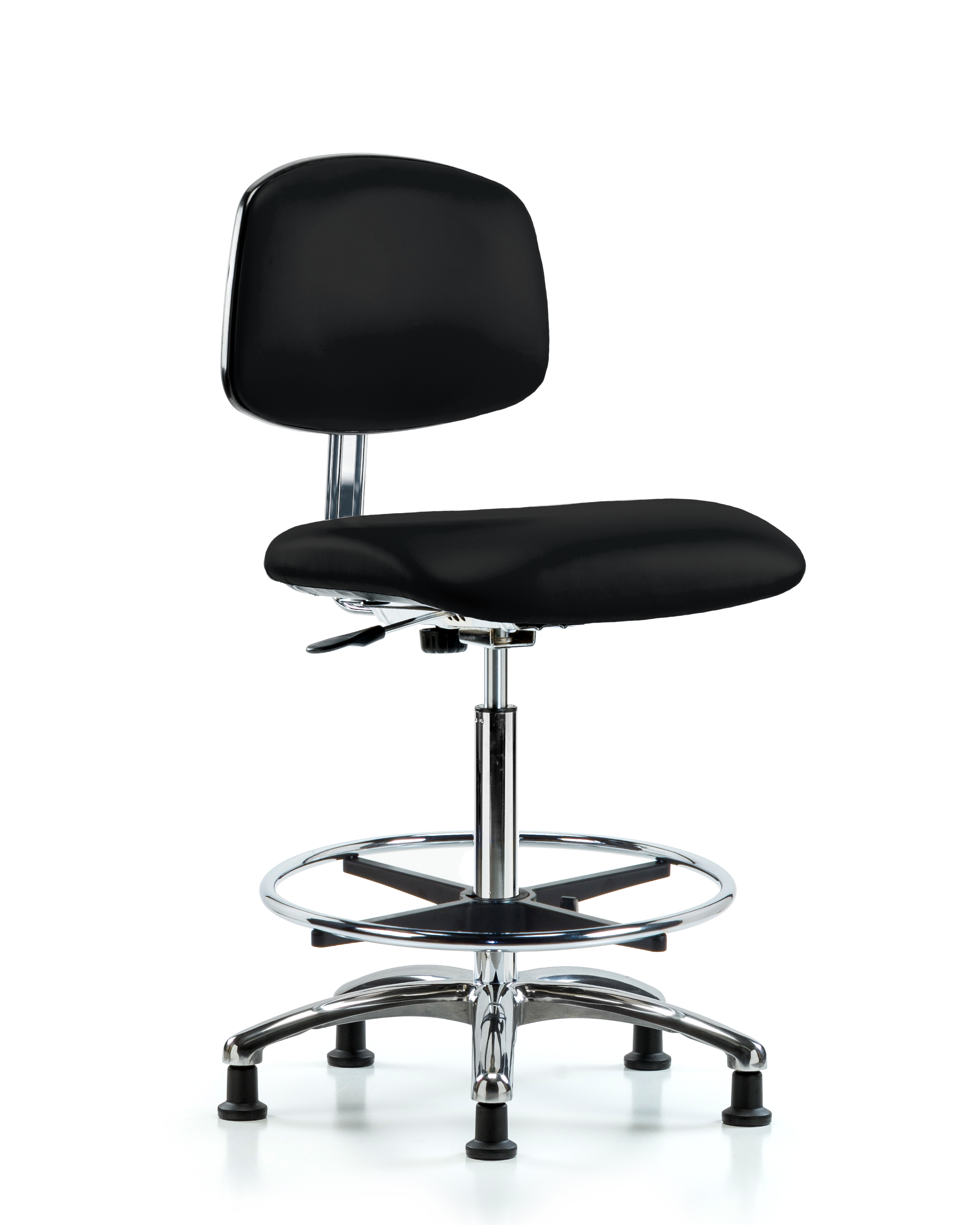 Class 10 Clean Room/ESD Vinyl Chair - High Bench Height with Chrome Foot Ring & ESD Stationary Glides in ESD Black Vinyl