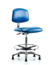 Class 10 Clean Room/ESD Vinyl Chair - High Bench Height with Chrome Foot Ring & ESD Stationary Glides in ESD Blue Vinyl