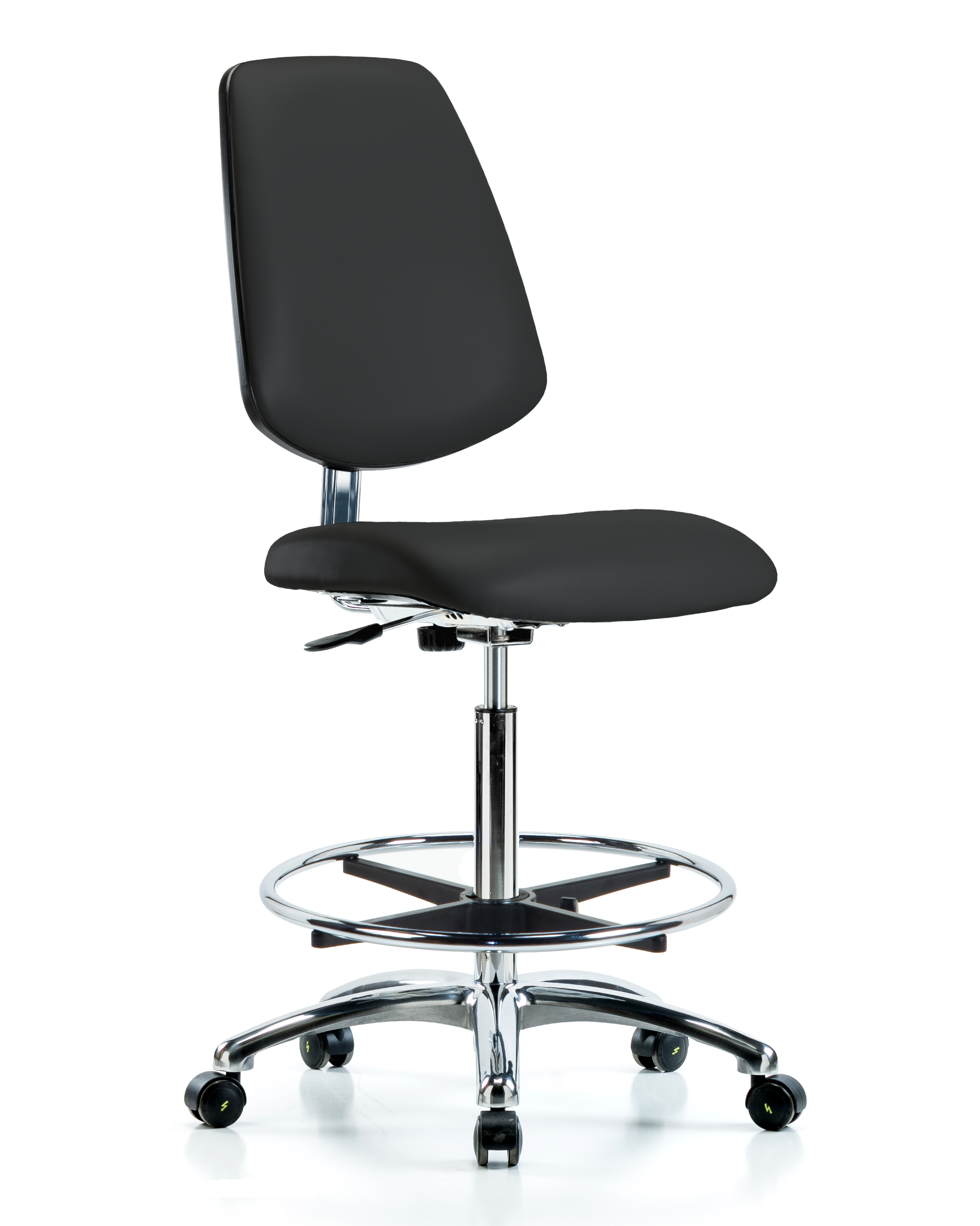 Class 10 Clean Room/ESD Vinyl Chair - High Bench Height with Medium Back, Chrome Foot Ring, & ESD Casters in ESD Black Vinyl