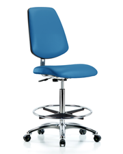 Class 10 Clean Room/ESD Vinyl Chair - High Bench Height with Medium Back, Chrome Foot Ring, & ESD Casters in ESD Blue Vinyl