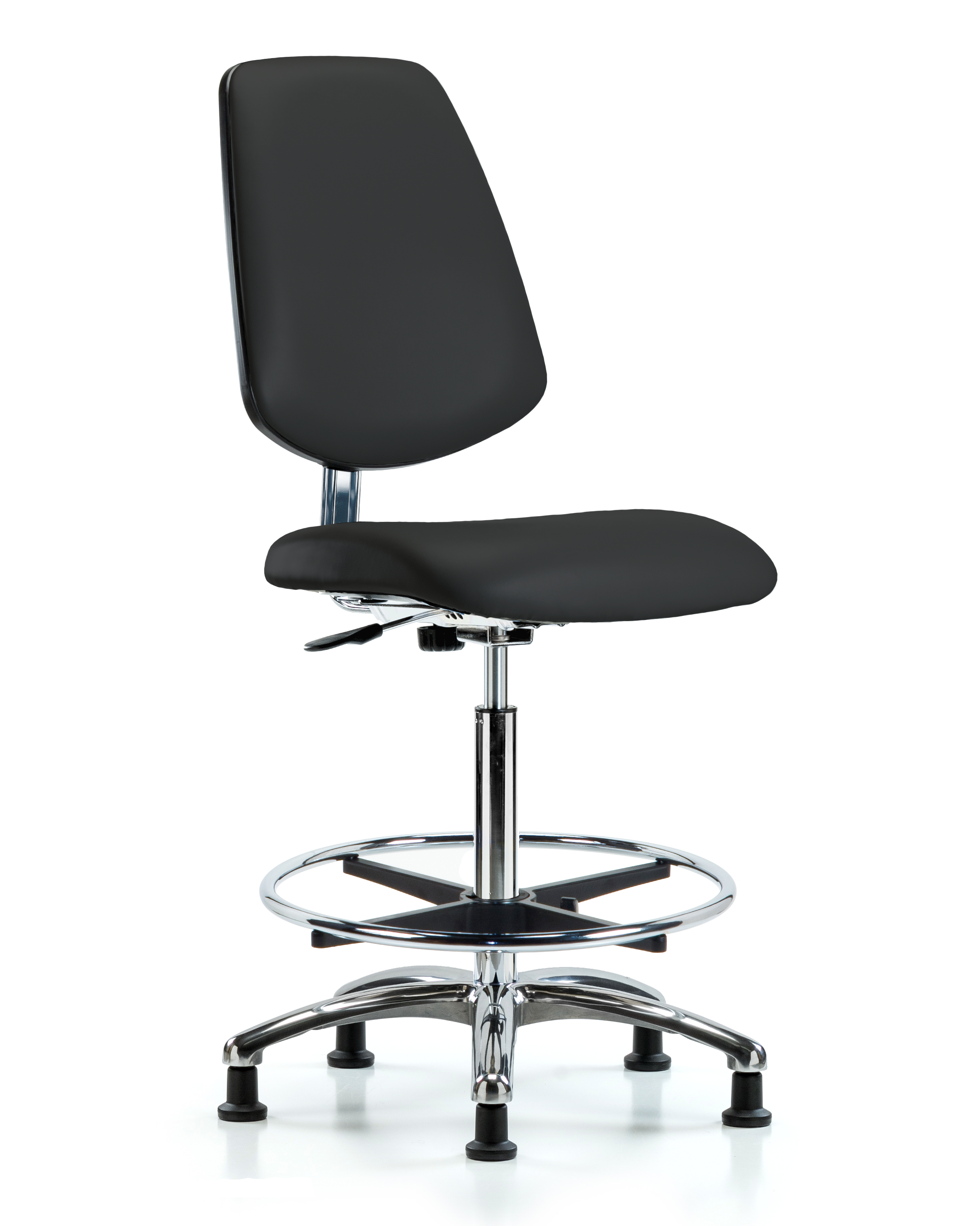 Class 10 Clean Room/ESD Vinyl Chair - High Bench Height with Medium Back, Chrome Foot Ring, & ESD Stationary Glides in ESD Black Vinyl