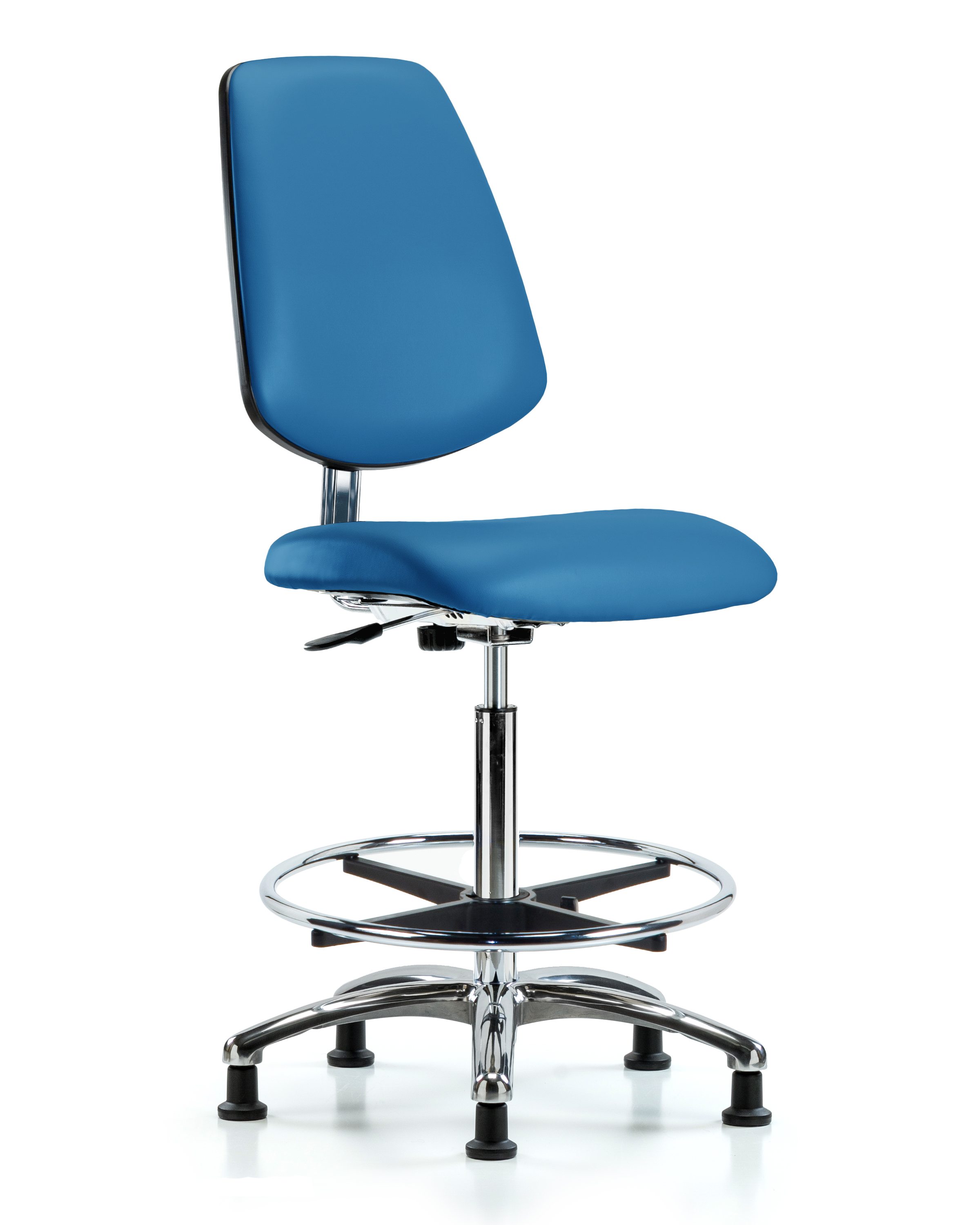 Class 10 Clean Room/ESD Vinyl Chair - High Bench Height with Medium Back, Chrome Foot Ring, & ESD Stationary Glides in ESD Blue Vinyl