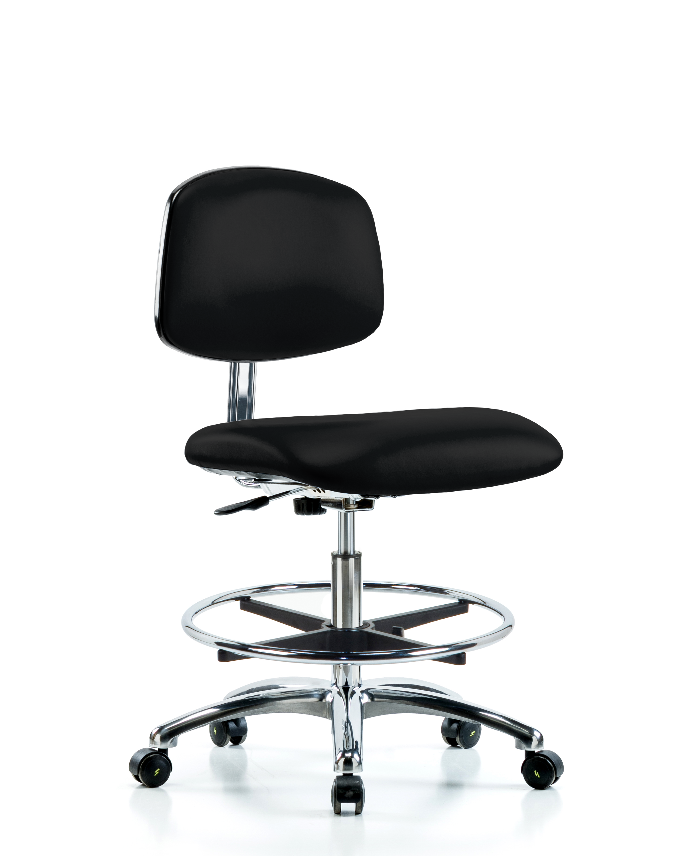 Class 10 Clean Room/ESD Vinyl Chair - Medium Bench Height with Chrome Foot Ring & ESD Casters in ESD Black Vinyl