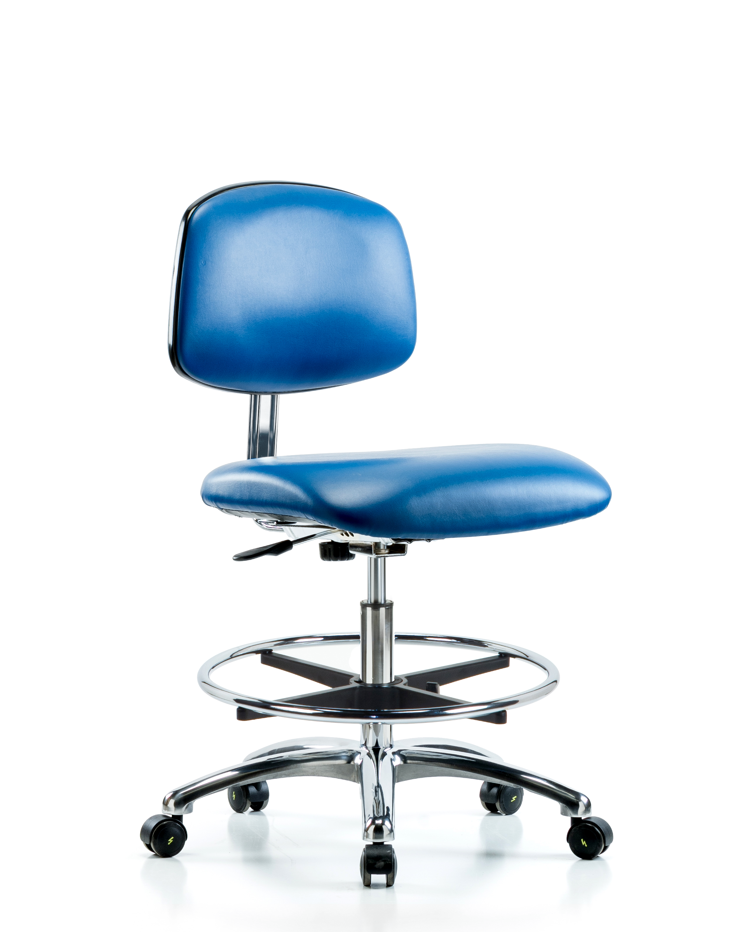 Class 10 Clean Room/ESD Vinyl Chair - Medium Bench Height with Chrome Foot Ring & ESD Casters in ESD Blue Vinyl