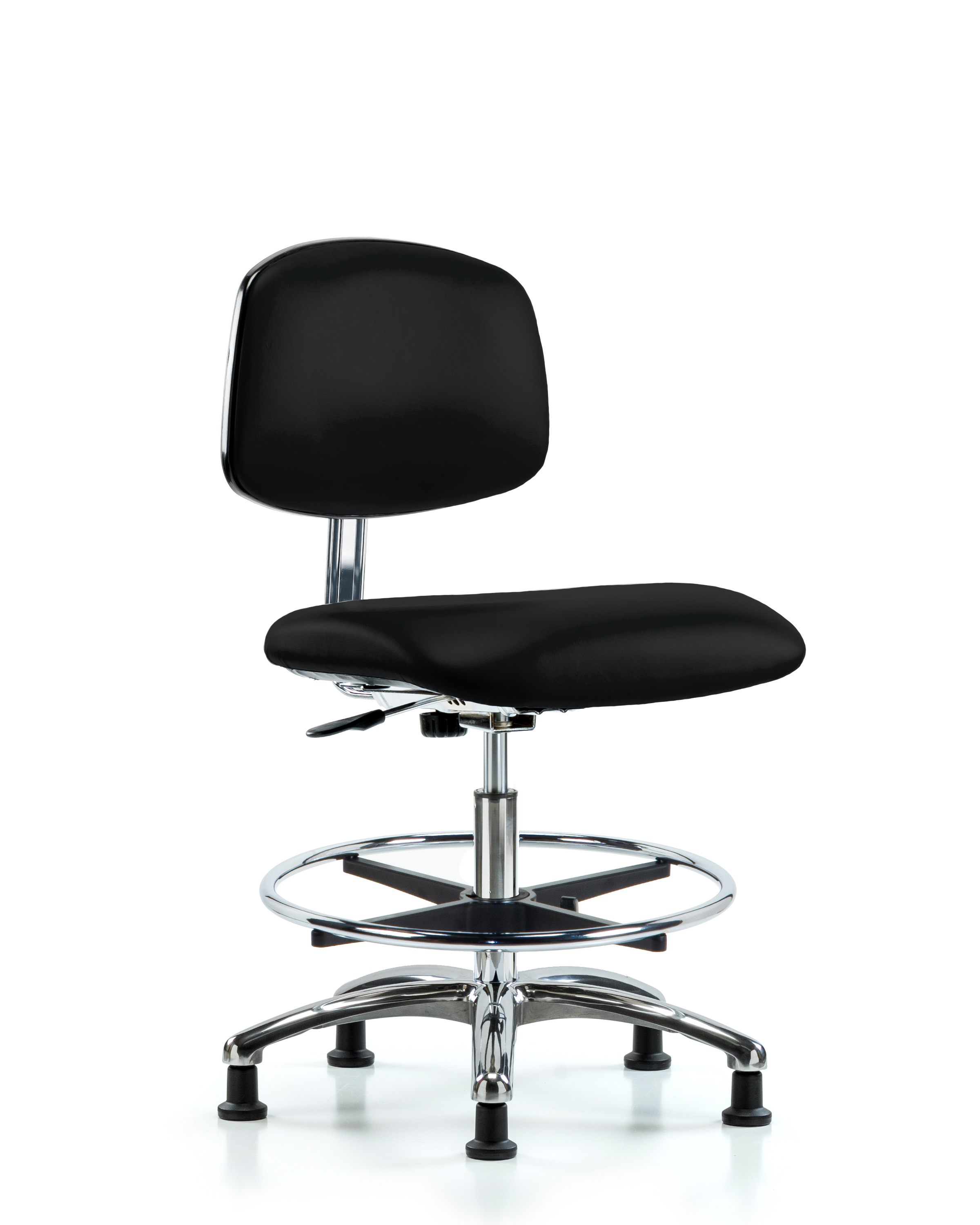 Class 10 Clean Room/ESD Vinyl Chair - Medium Bench Height with Chrome Foot Ring & ESD Stationary Glides in ESD Black Vinyl
