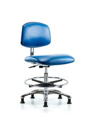 Class 10 Clean Room/ESD Vinyl Chair - Medium Bench Height with Chrome Foot Ring & ESD Stationary Glides in ESD Blue Vinyl