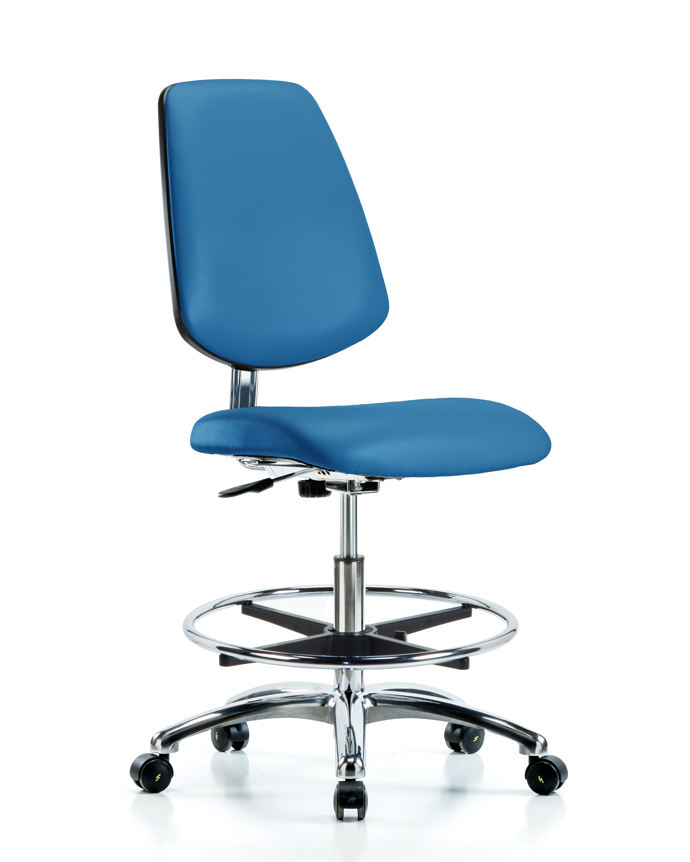 Class 10 Clean Room/ESD Vinyl Chair - Medium Bench Height with Medium Back, Chrome Foot Ring, & ESD Casters in ESD Blue Vinyl