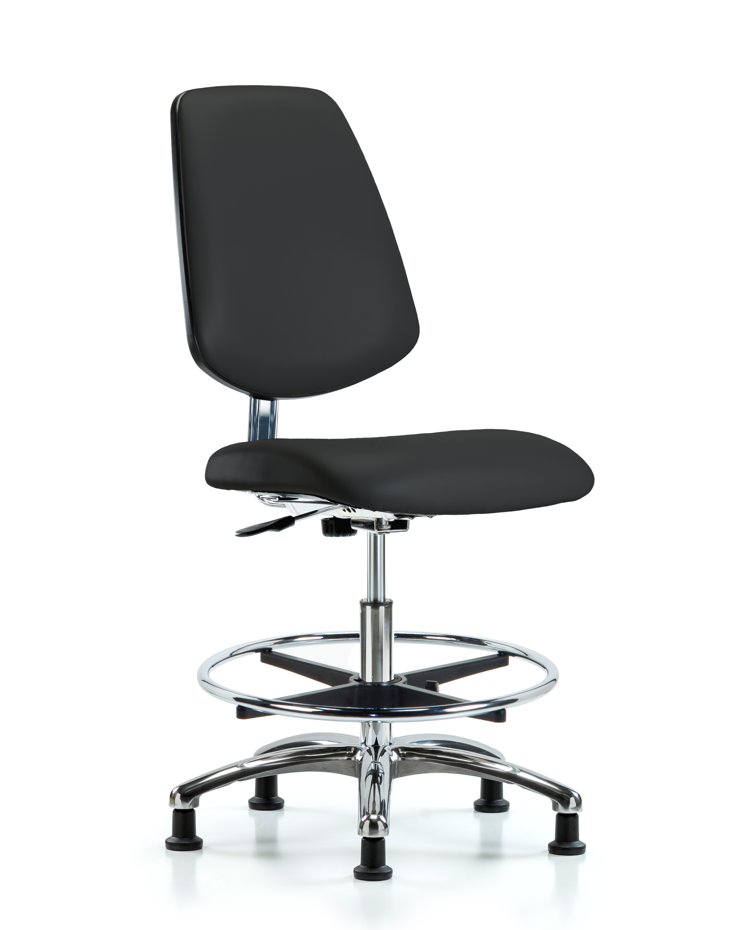 Class 10 Clean Room/ESD Vinyl Chair - Medium Bench Height with Medium Back, Chrome Foot Ring, & ESD Stationary Glides in ESD Black Vinyl