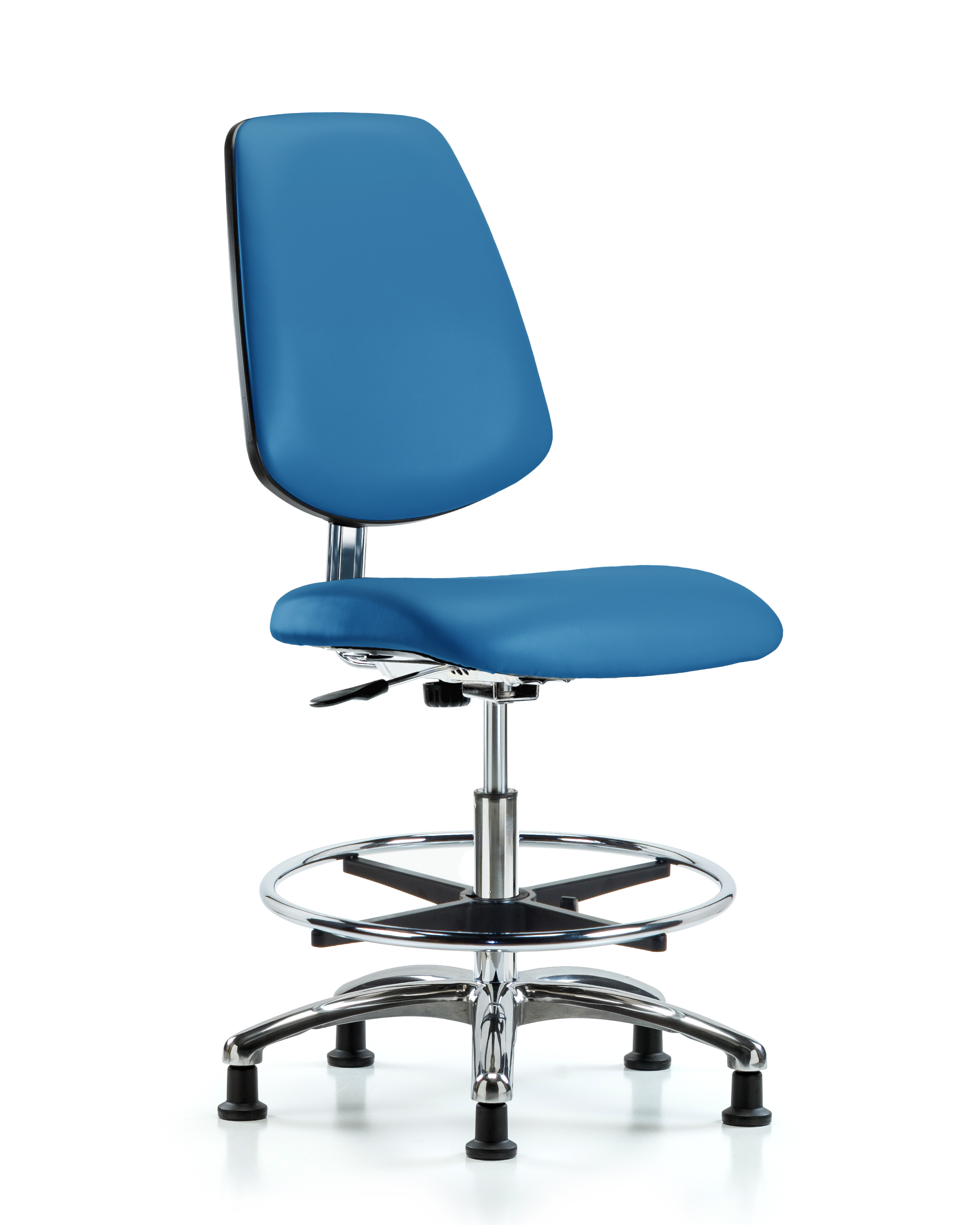 Class 10 Clean Room/ESD Vinyl Chair - Medium Bench Height with Medium Back, Chrome Foot Ring, & ESD Stationary Glides in ESD Blue Vinyl