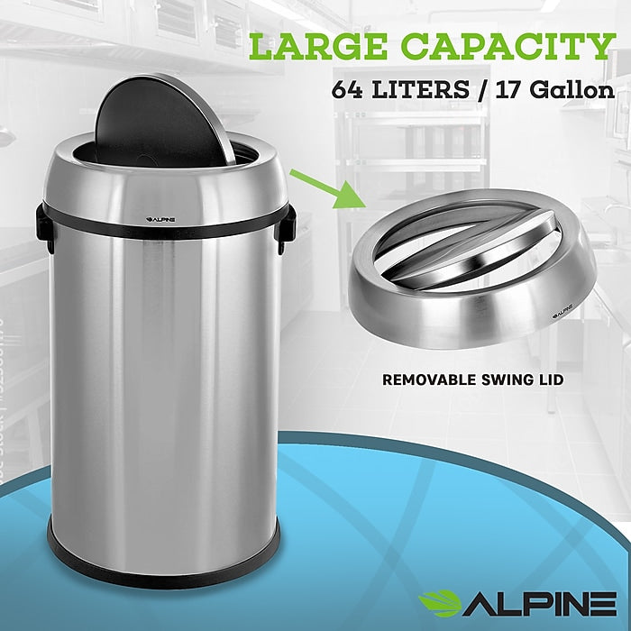 17 Gal. Stainless Steel Commercial Trash Can with Swing Lid