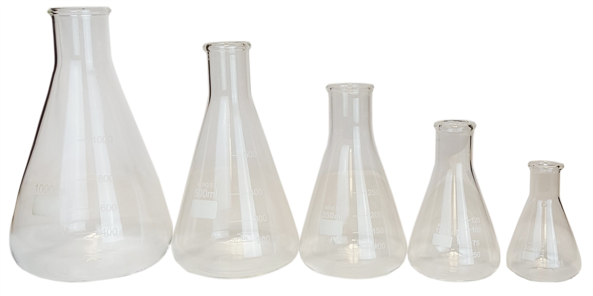 Erlenmeyer Flask Set-5, 50, 125, 250, 500, 1000. Borosilicate Glass