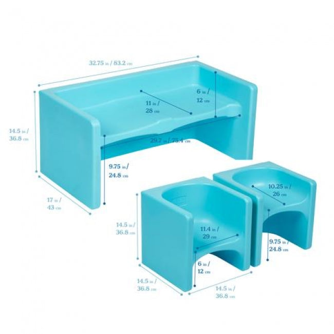 Tri-Me Multipurpose Table and Chairs 3-Piece Set - Cyan Blue