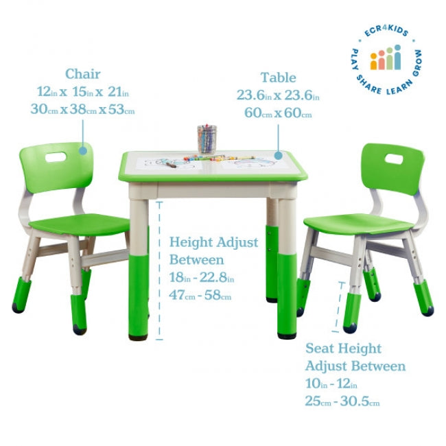 23in x 23in Square Dry-Erase Activity Table and 2 Adjustable Height Plastic Chairs - Grassy Green