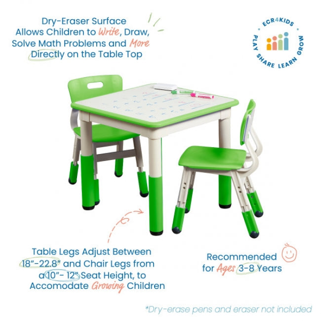 23in x 23in Square Dry-Erase Activity Table and 2 Adjustable Height Plastic Chairs - Grassy Green
