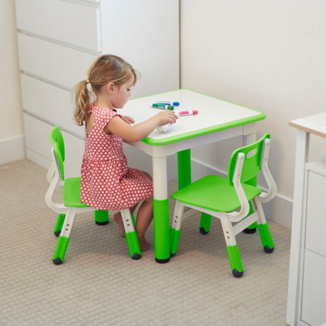 23in x 23in Square Dry-Erase Activity Table and 2 Adjustable Height Plastic Chairs - Grassy Green