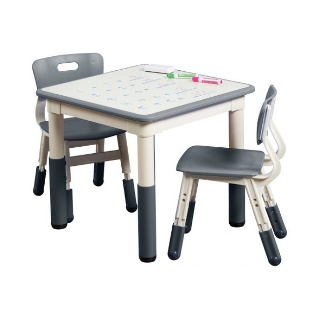 23in x 23in Square Dry-Erase Activity Table and 2 Adjustable Height Plastic Chairs - Grey