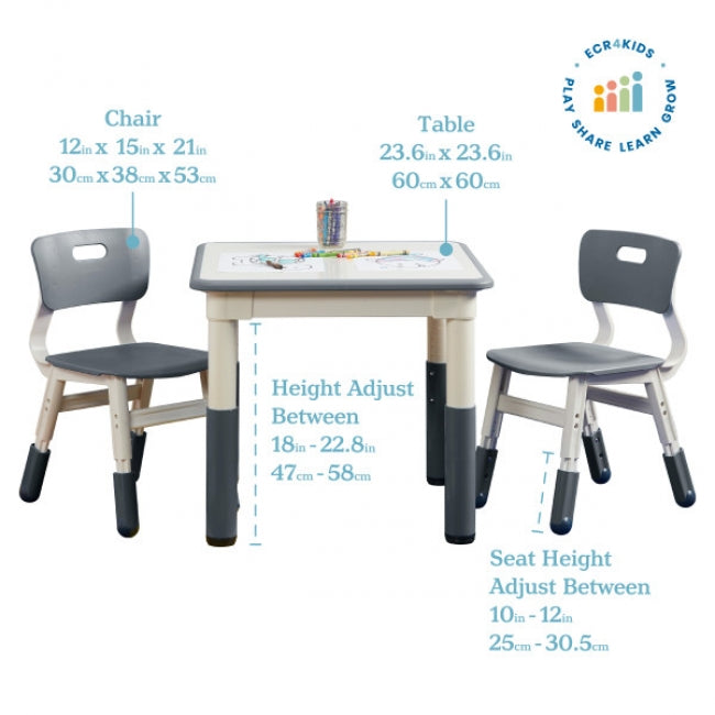 23in x 23in Square Dry-Erase Activity Table and 2 Adjustable Height Plastic Chairs - Grey