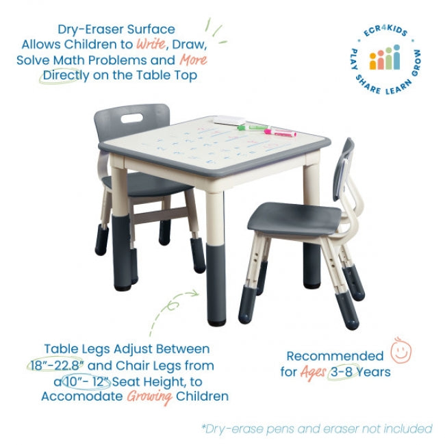 23in x 23in Square Dry-Erase Activity Table and 2 Adjustable Height Plastic Chairs - Grey