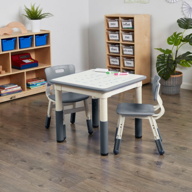 23in x 23in Square Dry-Erase Activity Table and 2 Adjustable Height Plastic Chairs - Grey
