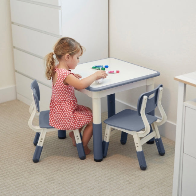 23in x 23in Square Dry-Erase Activity Table and 2 Adjustable Height Plastic Chairs - Grey