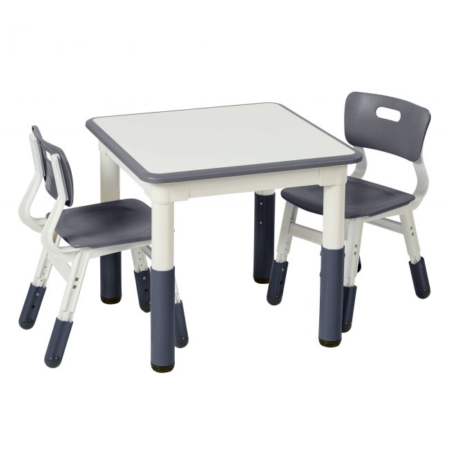23in x 23in Square Dry-Erase Activity Table and 2 Adjustable Height Plastic Chairs - Grey