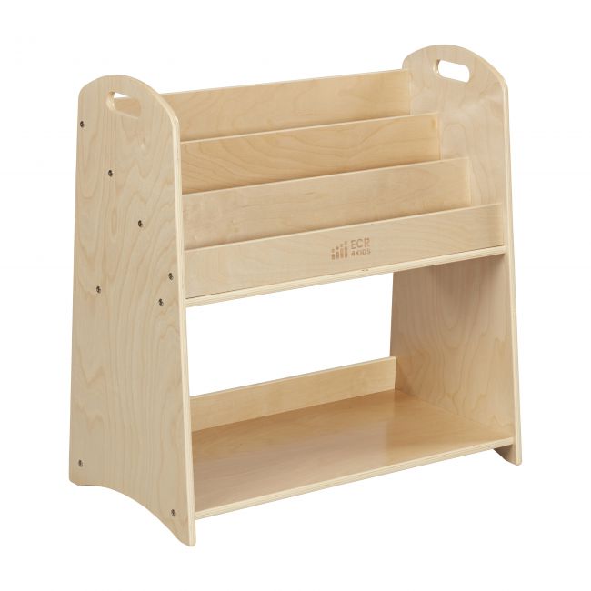 3-Shelf Floor Book Display with Handles and Storage, 30in - Natural