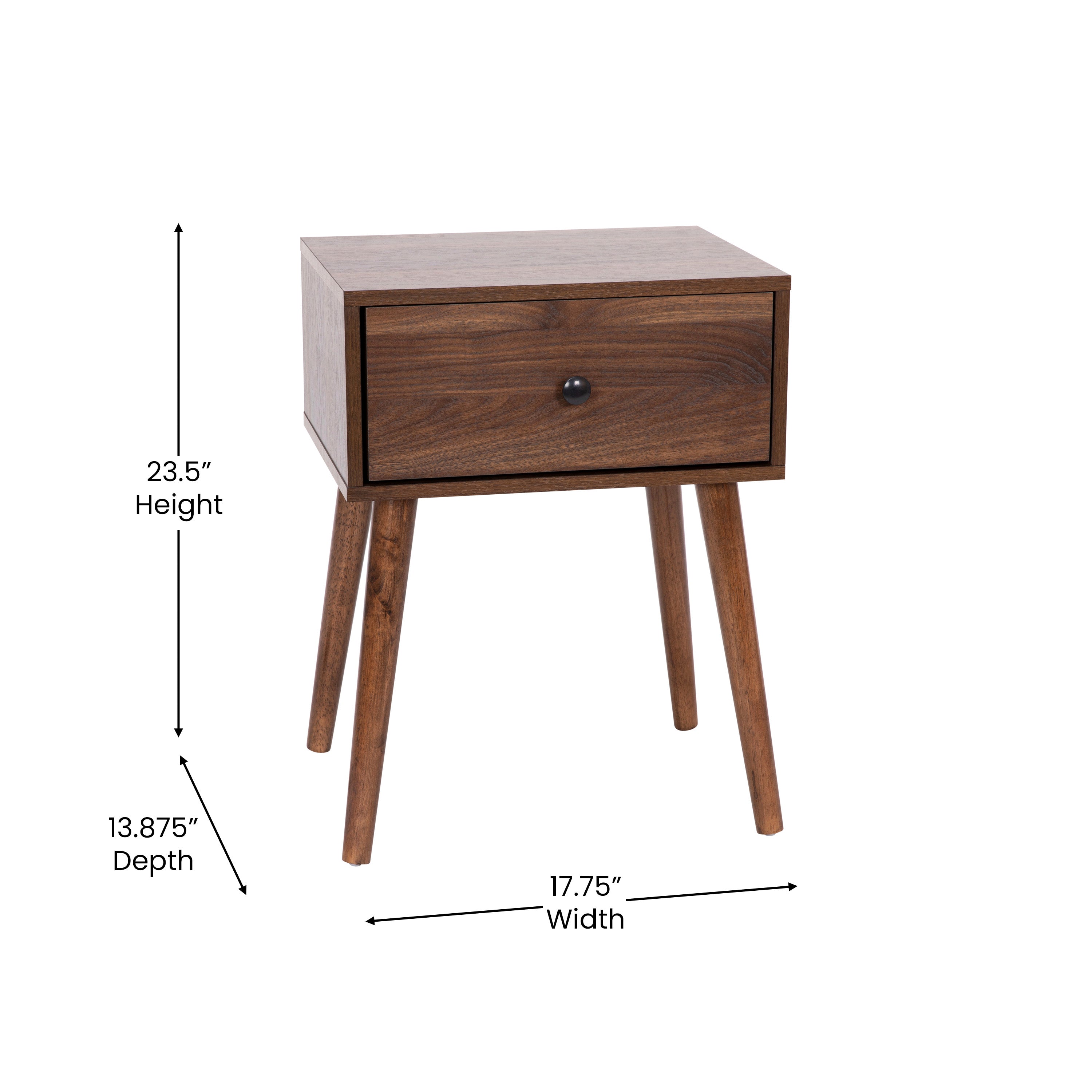 Hatfield Mid-Century Modern One Drawer Wood Nightstand, Side Accent or End Table with Soft Close Storage Drawer, Dark Walnut
