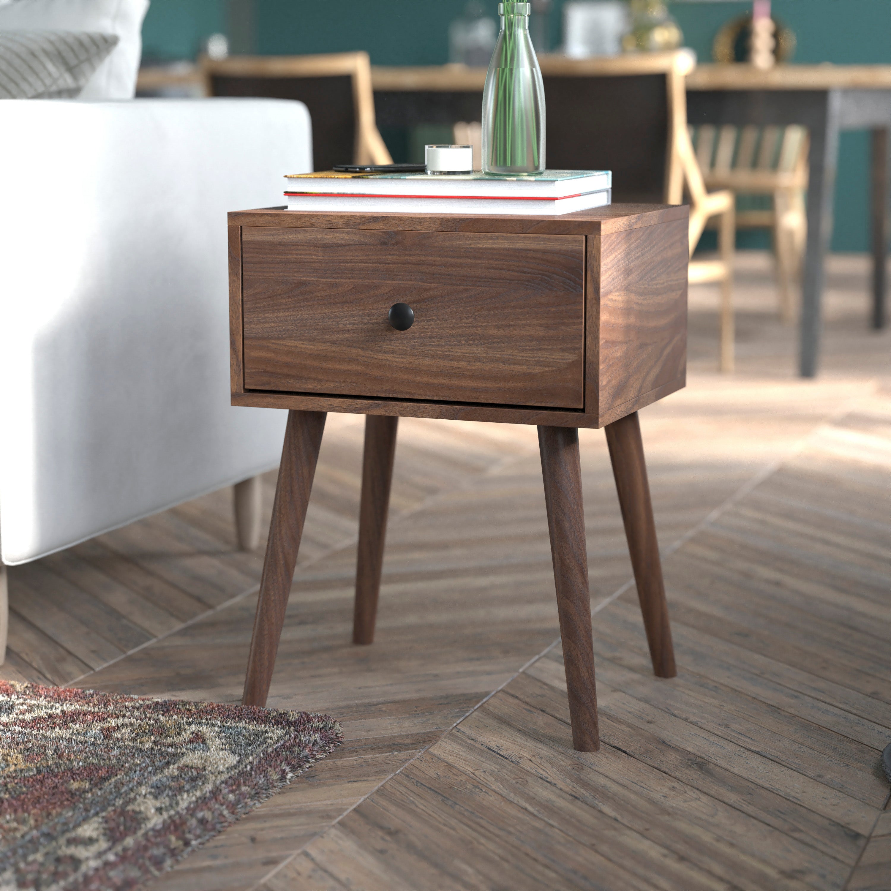 Hatfield Mid-Century Modern One Drawer Wood Nightstand, Side Accent or End Table with Soft Close Storage Drawer, Dark Walnut