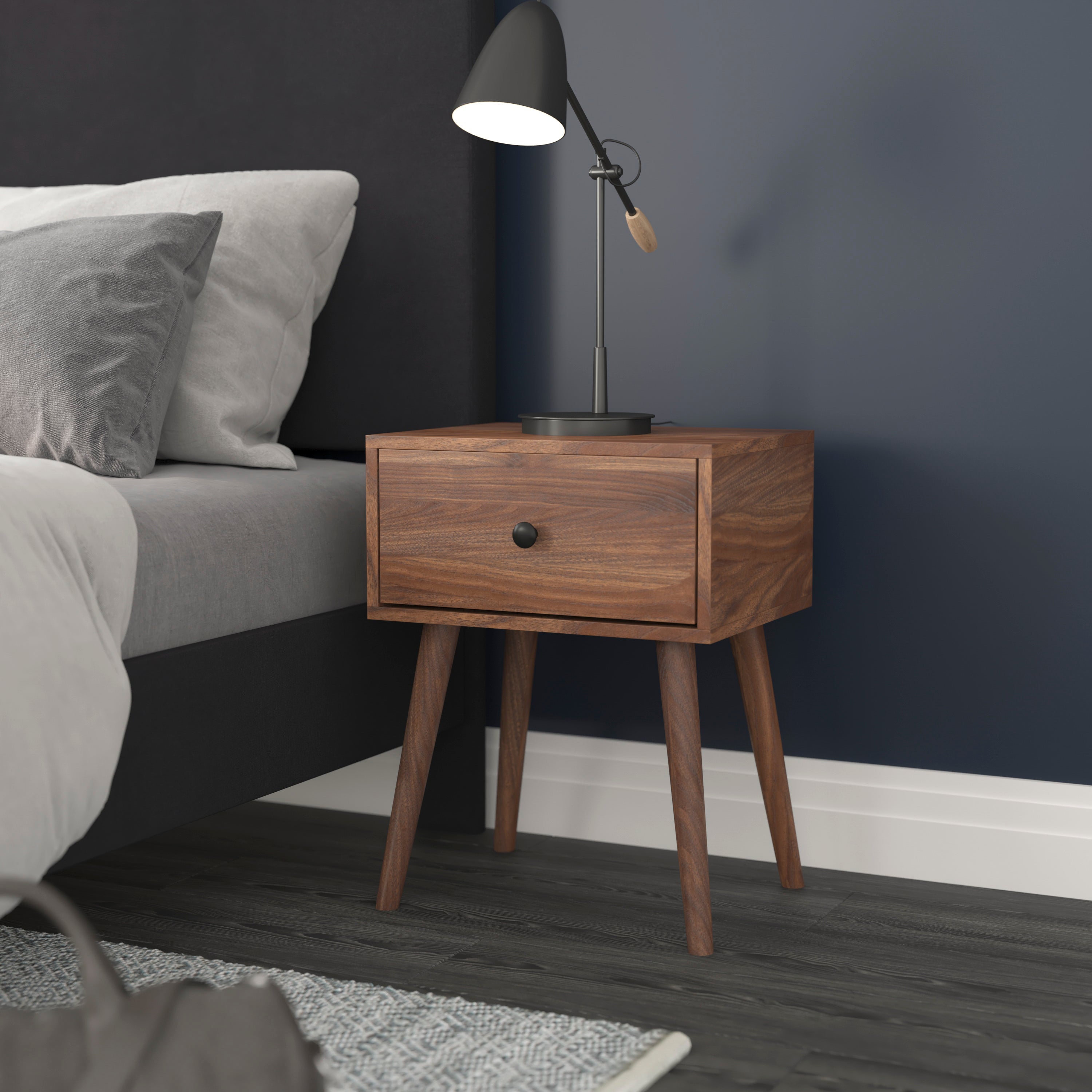 Hatfield Mid-Century Modern One Drawer Wood Nightstand, Side Accent or End Table with Soft Close Storage Drawer, Dark Walnut