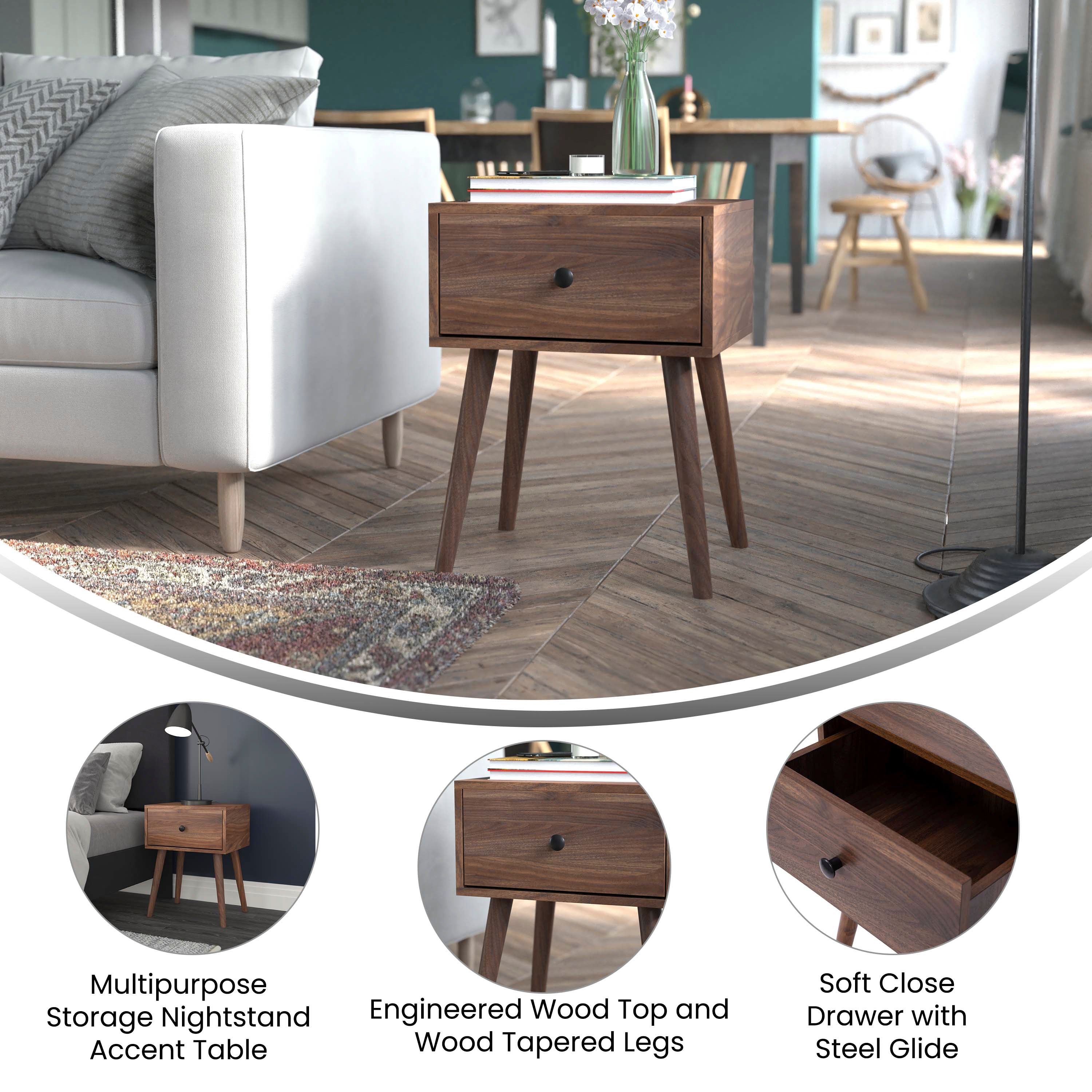 Hatfield Mid-Century Modern One Drawer Wood Nightstand, Side Accent or End Table with Soft Close Storage Drawer, Dark Walnut