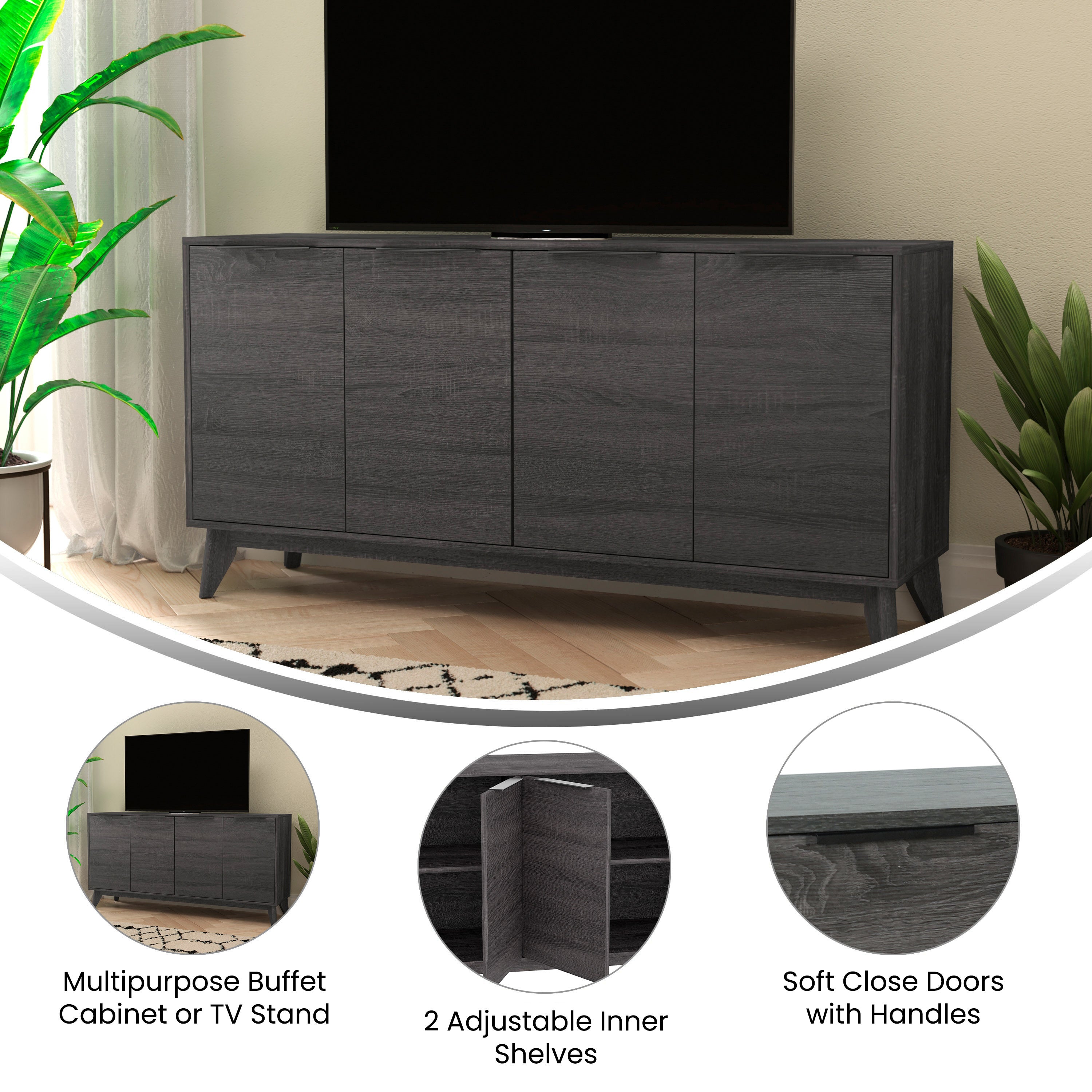 Hatfield Mid-Century Modern 60 Inch 4 Door Storage Buffet Sideboard, 4 Soft Close Doors, Adjustable Shelves, TV Stand for up to 64" TV's, Black Wash