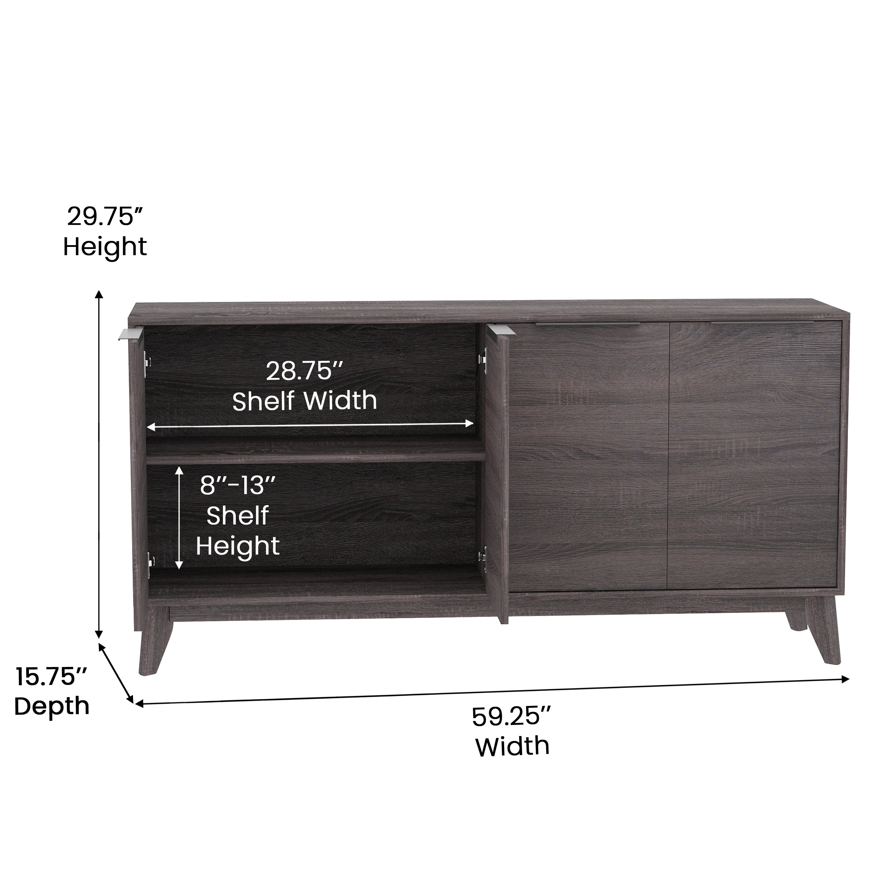 Hatfield Mid-Century Modern 60 Inch 4 Door Storage Buffet Sideboard, 4 Soft Close Doors, Adjustable Shelves, TV Stand for up to 64" TV's, Black Wash
