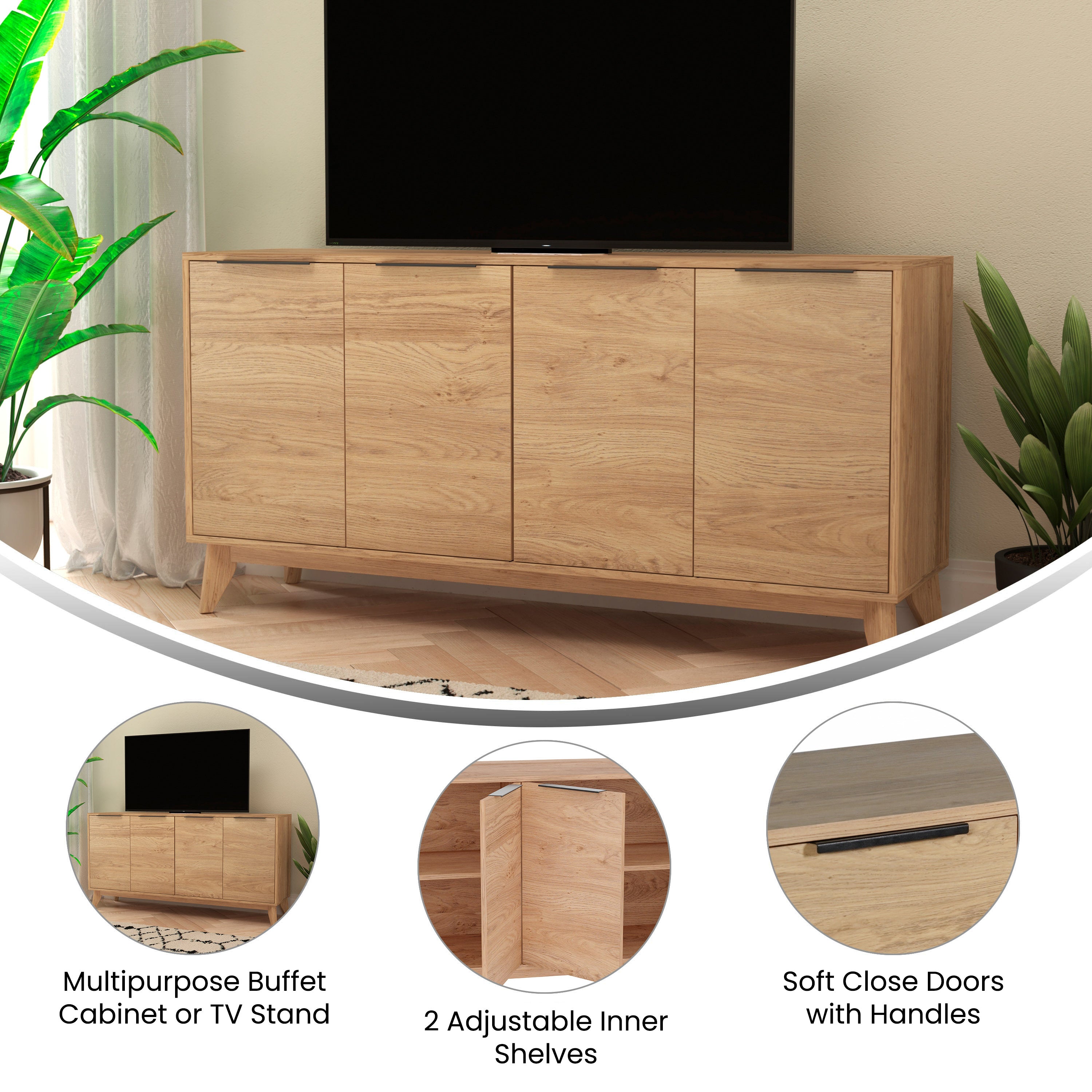 Hatfield Mid-Century Modern 60 Inch 4 Door Storage Buffet Sideboard, 4 Soft Close Doors, Adjustable Shelves, TV Stand for up to 64" TV's, Light Natural