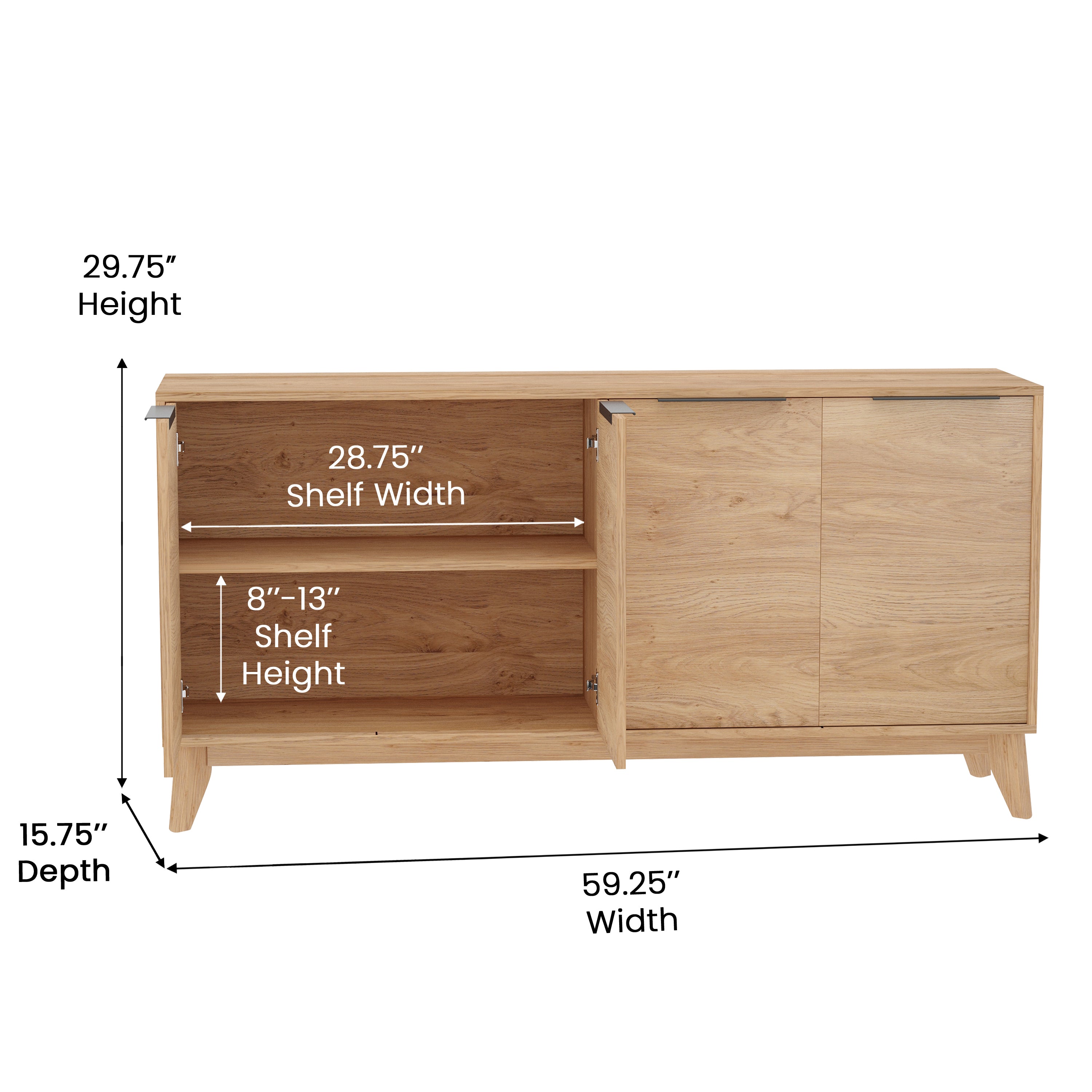 Hatfield Mid-Century Modern 60 Inch 4 Door Storage Buffet Sideboard, 4 Soft Close Doors, Adjustable Shelves, TV Stand for up to 64" TV's, Light Natural
